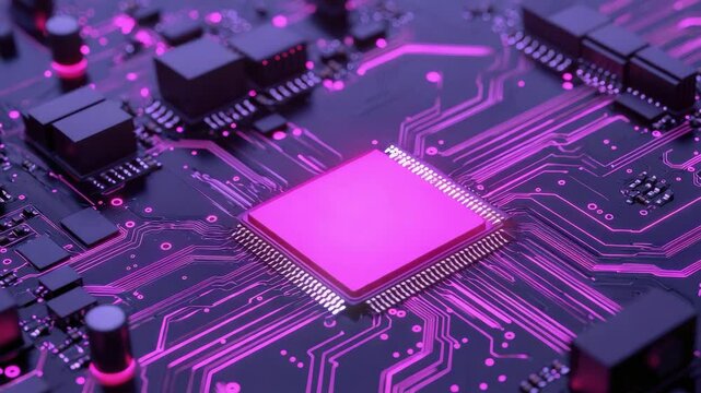 A glowing pink computer chip sits at the center of a futuristic circuit board with intricate electronic pathways.