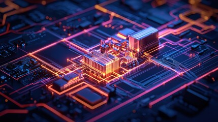 Futuristic electronic circuit board with glowing neon lines and microchips, illustrating advanced technology and digital connectivity.