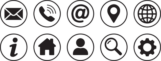 Ten Black and White Circular Icons Website Contact Set