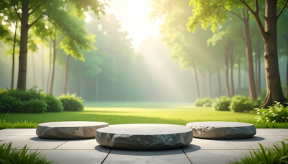 An exhibition space with a stone pedestal against a hazy forest background. Concept of space for product promotional sales presentation.