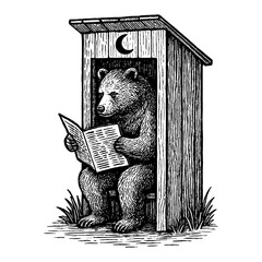 Bear Reading Newspaper in Outhouse Black and White Outline Line Art Drawing Illustration