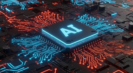 AI microchip on circuit board with neon lights