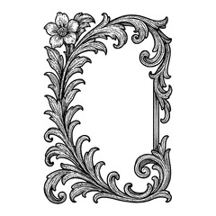 Floral Ornament Frame with Leaves and Flower Black and White Outline Line Art Drawing