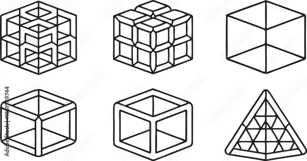 Poster cube icon set geometry pixel square blocks modern stack editable vector line art for ui design