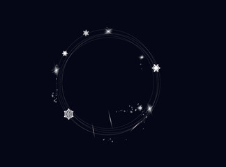 Christmas Snowfall. The circle of snowflakes sparkling transparent beautiful snow isolated on black background Lettering