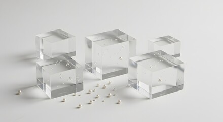 Fototapeta premium Matte white background with clear acrylic blocks and scattered pearls for clean and classy product shot 1