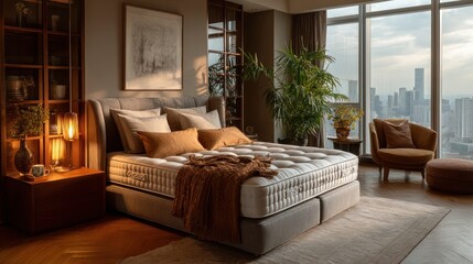 Serene bedroom with city view showcasing premium mattress and elegant decor