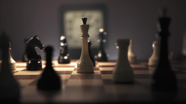 Man with a grace movement his hand places a queen in the center of a chessboard
