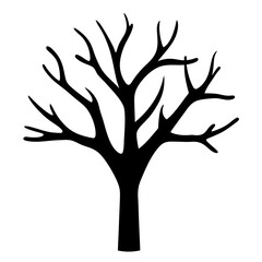 Silhouette of a bare tree with spreading branches against a white background