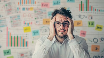 A stressed man with glasses holds his head in an office, surrounded by charts, graphs, and colorful sticky notes on the wall.