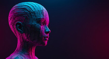 Obraz premium Neon-Lit Cracked Stone Head Sculpture