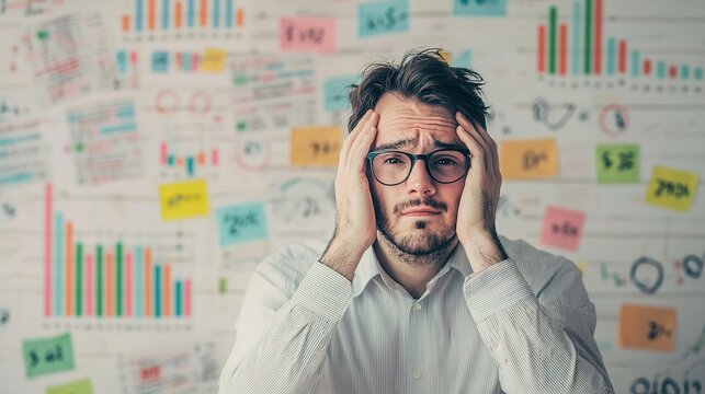 A stressed man with glasses holds his head in an office, surrounded by charts, graphs, and colorful sticky notes on the wall.