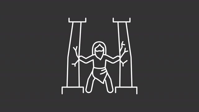 Samson columns white line animation. Destroying pillars animated icon. Cracks showing up. Moving hands. Religion, biblical. Isolated element on dark background. Alpha transparent video