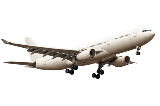 High-resolution passenger airplane isolated on transparent background PNG cut-out — detailed commercial aircraft silhouette ideal for travel posters, aviation infographics, and graphic design