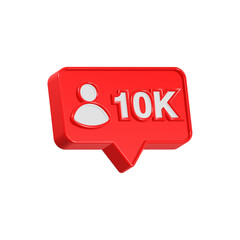 10k followers icon button social media 3d rendering red color