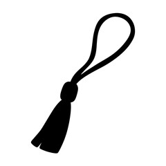 Black simple illustration of a tassel with loop string on white background