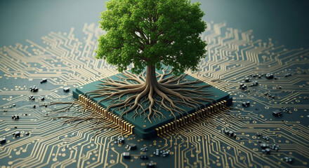 Digital Green Tree Rooted on Circuit Board Illustrating Technology and Nature Fusion