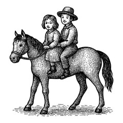 Fototapeta premium Two Children Riding a Horse Together in Black and White Outline Line Art Drawing