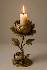 Romantic Gold Candle Holder with Blooming Flower Design and Lit Candle
