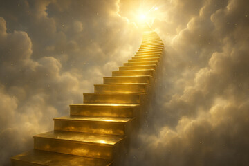 Golden Stairway Ascending Through Dramatic Clouds Toward Heavenly Light
