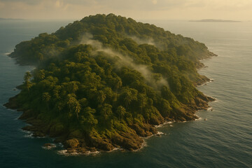 Tropical Island Covered in Dense Jungle with Morning Mist Over Calm Ocean
