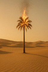 Lone Burning Palm Tree in Desert Dunes Under Golden Haze at Sunrise
