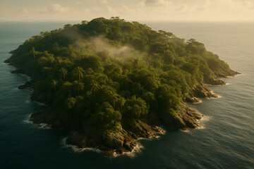 Misty Jungle Island Surrounded by Calm Sea under Soft Golden Sunrise
