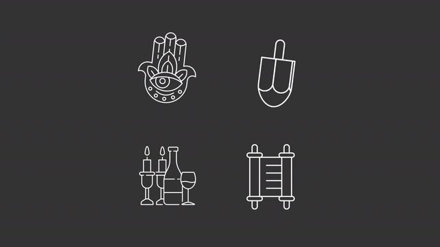 Jewish holiday celebration animation set. Judaism traditions animated white line icons. Hanukkah, shabbat. Torah study, ancient. Isolated elements on dark background. Alpha channel HD video