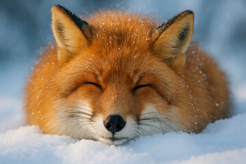 Adorable Red Fox Sleeping Peacefully in Snow with a Cozy Smile
