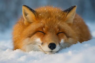 Cute Red Fox Sleeping Peacefully in Fresh Snow with Closed Eyes
