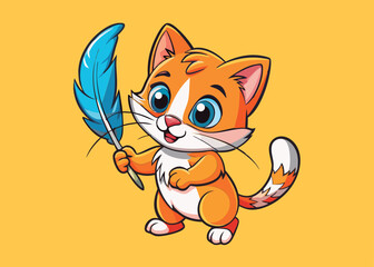 Obraz premium Cute orange kitten holding a feather.