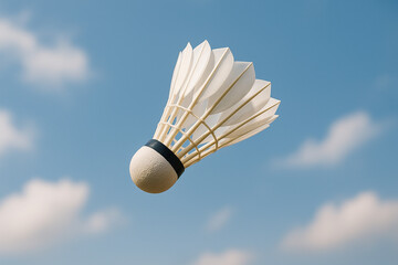 Shuttlecock in Mid-Air Against a Bright Blue Sky with Soft Clouds
