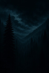 Moody Dark Forest with Pine Trees Under Stormy Sky at Dusk
