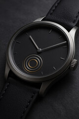 Elegant Black Watch with Minimal Dial and Offset Gold Concentric Circles
