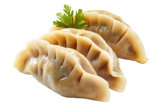 Steamed dumplings mandu with glossy surface and pleated edge isolated on white transparent background, concept of traditional Asian food