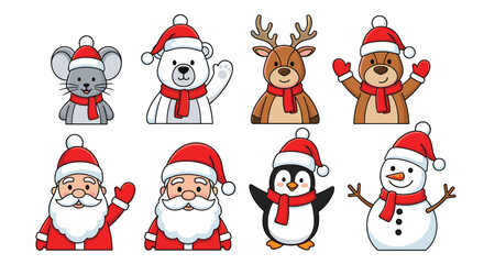 Holiday Animals and Characters Celebrating Christmas Season with Festive Hats and Scarves