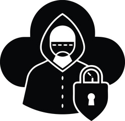 Cybersecurity Concept Hacker and Secured Cloud vector silhouette