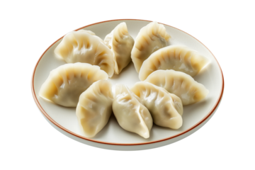 Steamed mandu dumplings placed in circular pattern on ceramic plate, isolated on white transparent background, concept of Asian cuisine