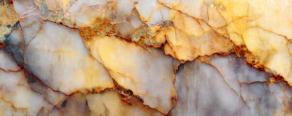 Colorful abstract marble stone texture with flowing yellow, gray, beige, and brown swirls forming layered patterns resembling geological sediment in horizontal formations