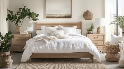 A serene bedroom with white bedding, light wooden furniture, and small decorative details like plants, woven baskets, and a large neutral canvas