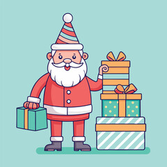 Line Art Illustration of Santa Claus Holding a Toy Train