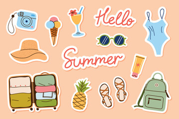 Vector illustration sticker set on travel and vacation. Words hello summer, icons of suitcase, sun hat, camera, cute cartoon cocktail, swimsuit, backpack for planners, social media, journaling