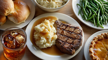 A typical American dinner with grilled steak, mashed potatoes with gravy, steamed green beans, a buttered dinner roll, a glass of iced tea, and apple pie for dessert, top shot view