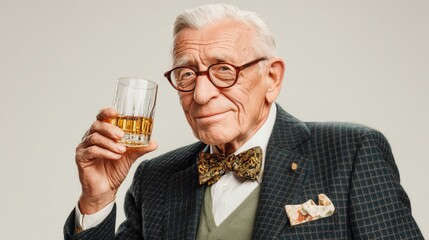 A wealthy elderly Caucasian man holding a vintage whiskey glass, luxury drink, white background, sophisticated lifestyle, refined taste
