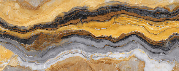 Colorful abstract marble stone texture with flowing yellow, gray, beige, and brown swirls forming layered patterns resembling geological sediment in horizontal formations