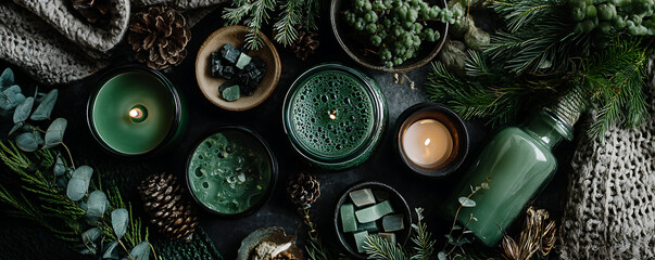 Cozy flat lay featuring a green candle surrounded by pinecones, evergreen foliage, twine, and warm knitted textures in beige and green tones arranged in a rustic seasonal setting