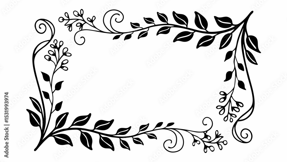 Poster black and white floral frame with leaves and swirls creating a rectangular border for text or images