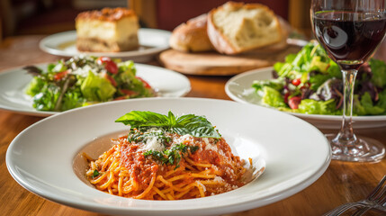 Typical Italian meal with spaghetti pasta, bread, salad and glass of wine