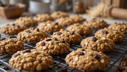Freshly Baked Oatmeal Raisin Cookies on Cooling Rack - Delicious Homemade Dessert or Snack
