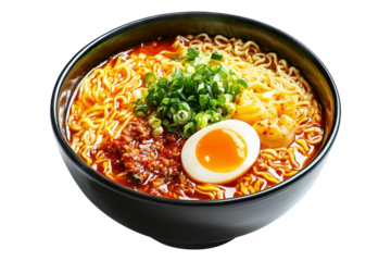 Delicious Korean ramen with boiled eggs, grilled pork, green onions, and seaweed in black bowl isolated on white transparent background, concept of cuisine